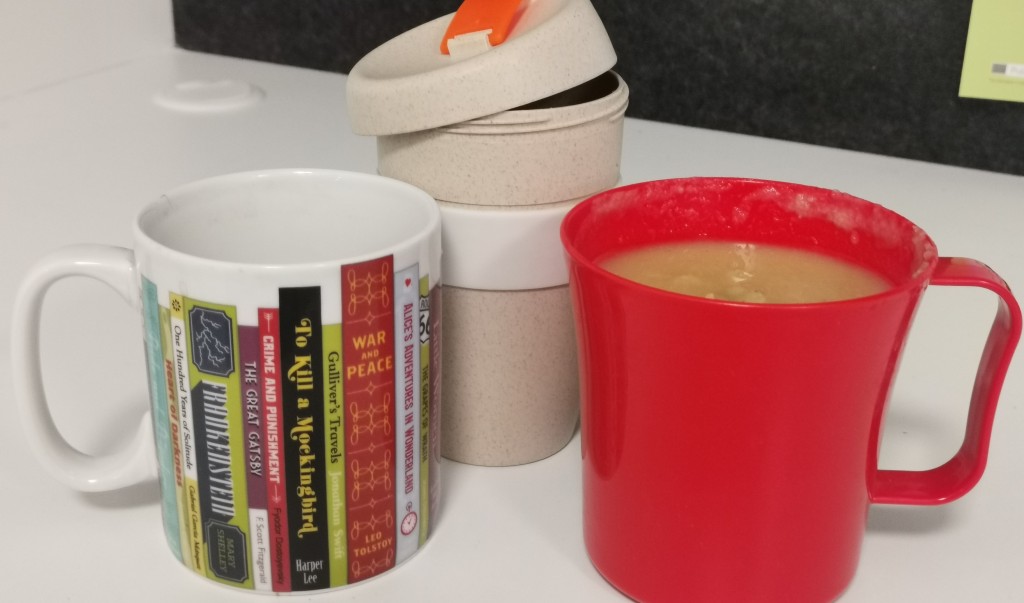 A coffee cup, a keep cup and a cup of soup